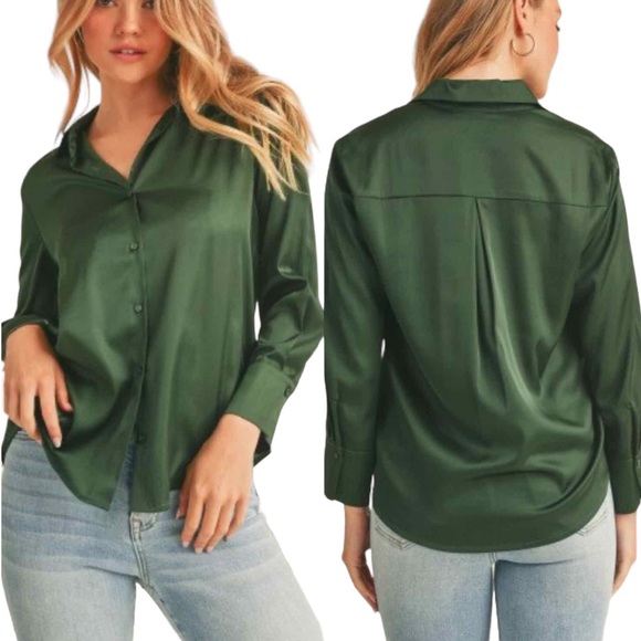CLASSY SATIN BUTTON DOWN LONG SLEEVE SHIRT - GREEN MALACHITE - Picture 1 of 3
